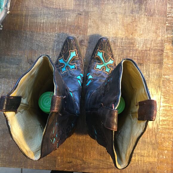Corral Womens Boots 10 M Antique Brown Turquoise Saddle Rose Cross Inlay Western - Picture 7 of 13
